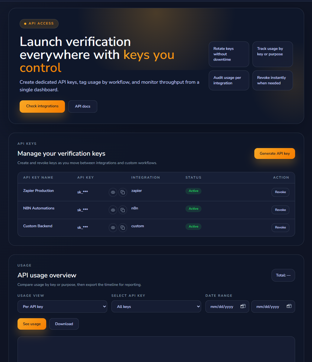 API page with API key management table and generate key action
