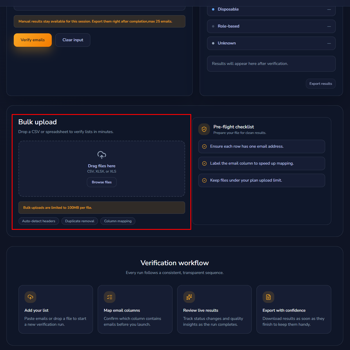 Bulk upload section with drag and drop area and pre-flight checklist