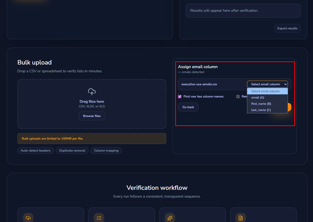 Column mapping screen for selecting the email column in uploaded files