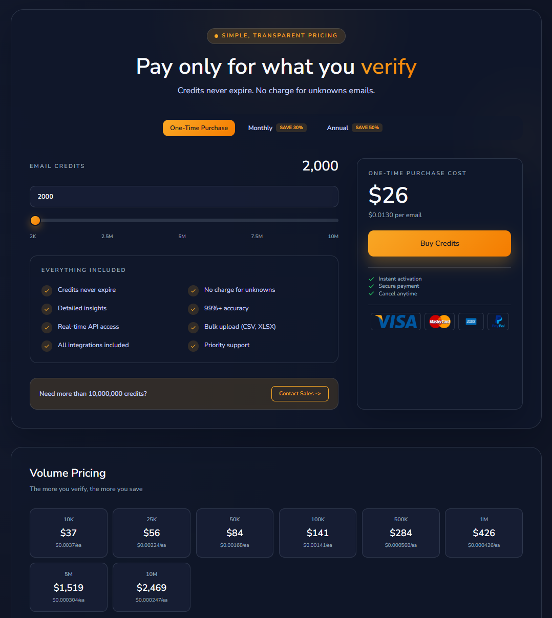 Pricing page with credit volume slider and purchase options
