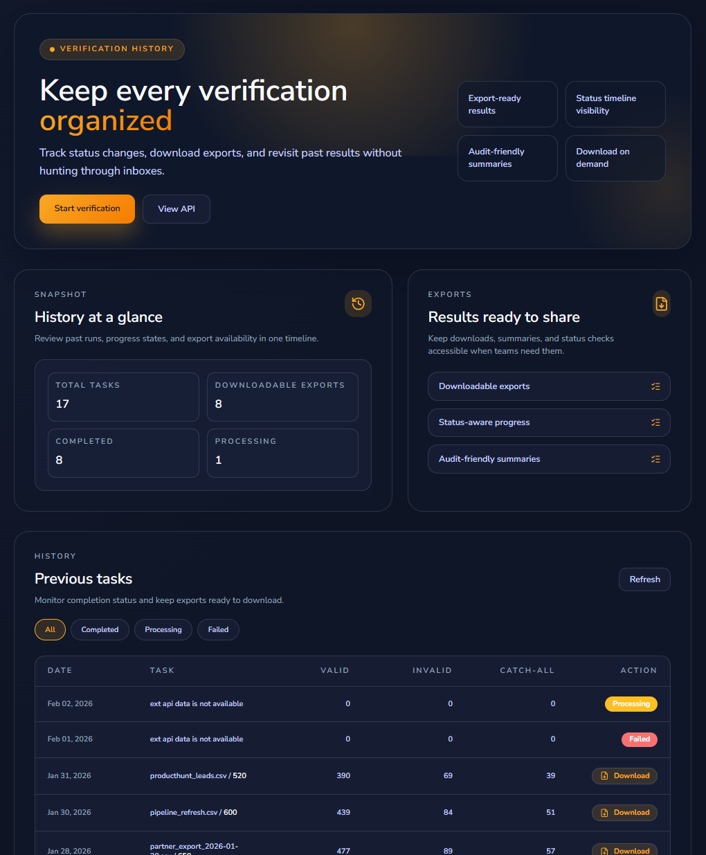 History page with verification task list, statuses, and download actions